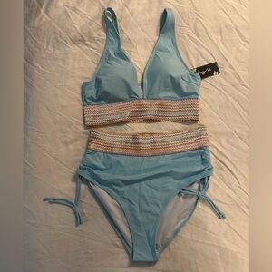 Boho Blue Two Piece Swimsuit with Striped Accents